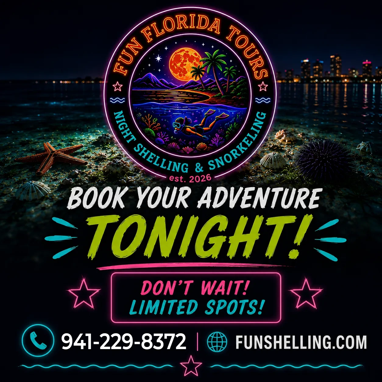 Book a night shelling and snorkeling tour tonight in Sarasota, Siesta Key and Anna Maria Island - text 941-229-8372